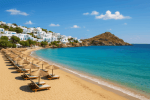 Traumstrand einer griechischen Insel mit türkisblauem Meer und weißen Häusern