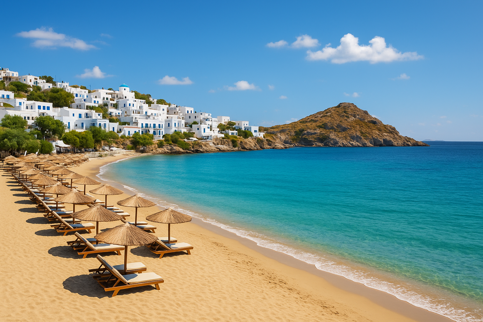 Traumstrand einer griechischen Insel mit türkisblauem Meer und weißen Häusern