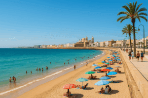 Strand an der spanischen Mittelmeerküste mit historischen Gebäuden im Hintergrund – perfektes Urlaubsziel am Spanien Festland