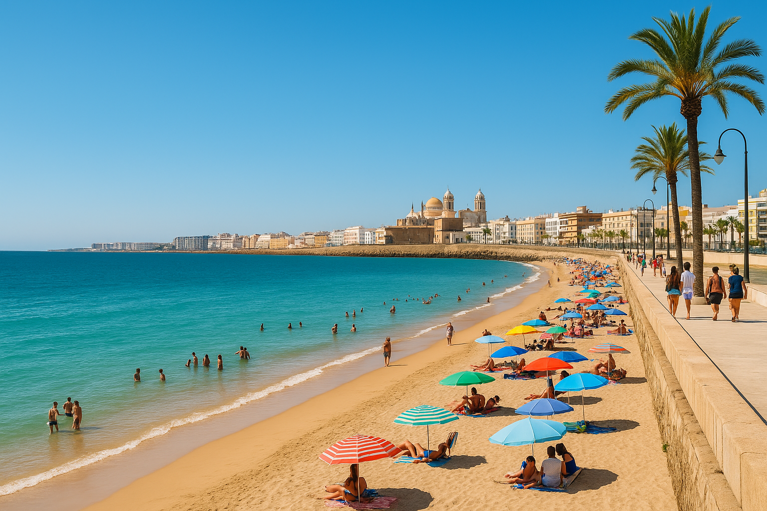 Strand an der spanischen Mittelmeerküste mit historischen Gebäuden im Hintergrund – perfektes Urlaubsziel am Spanien Festland